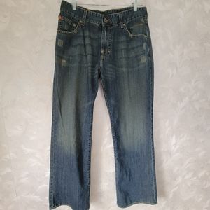 Marc Ecko Cut and Sew Boot Cut Denim Mens Jeans Distressed Dark Size 34W 35L